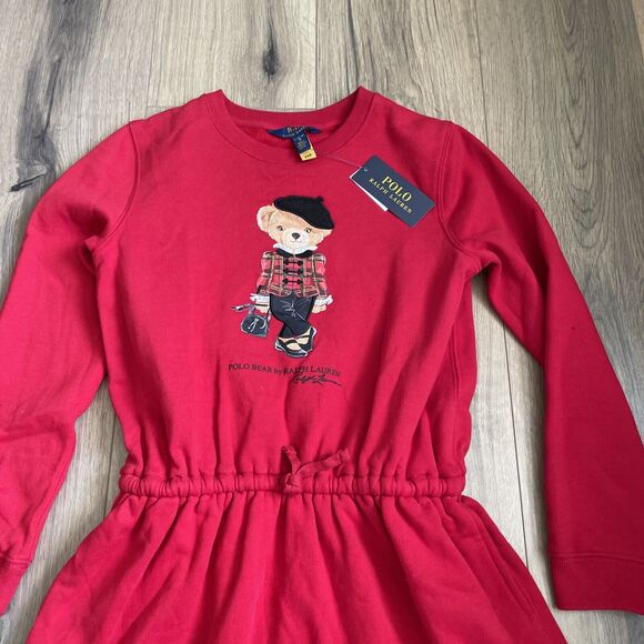NEW Ralph Lauren Girls 12/14 Polo Bear Knit Sweater Dress Red Fleece Christmas - Picture 3 of 11